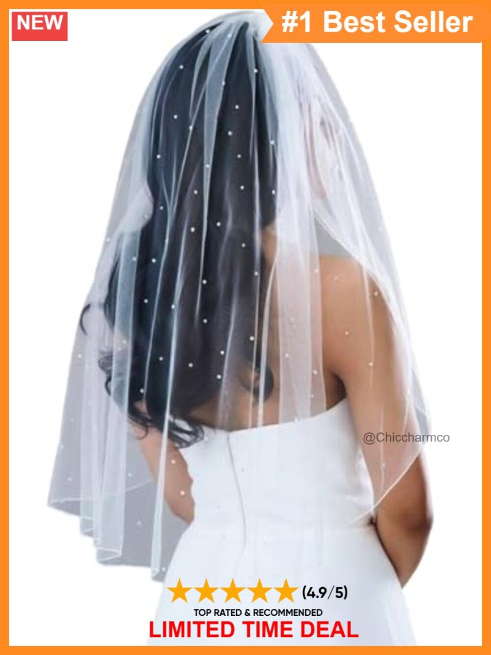 Pearl Embellished Short Tulle Bridal Veil Pencil Edge with Comb